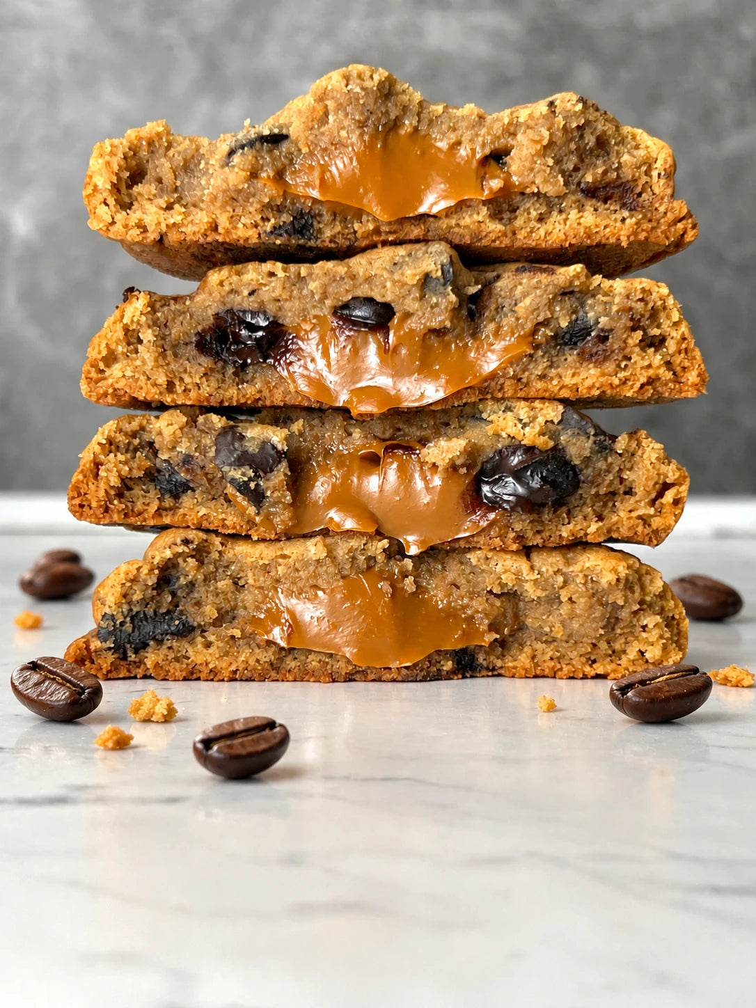 A stack of four Vietnamese Coffee cookies broken open with condensed milk filling, coffee beans scattered on the marble around them