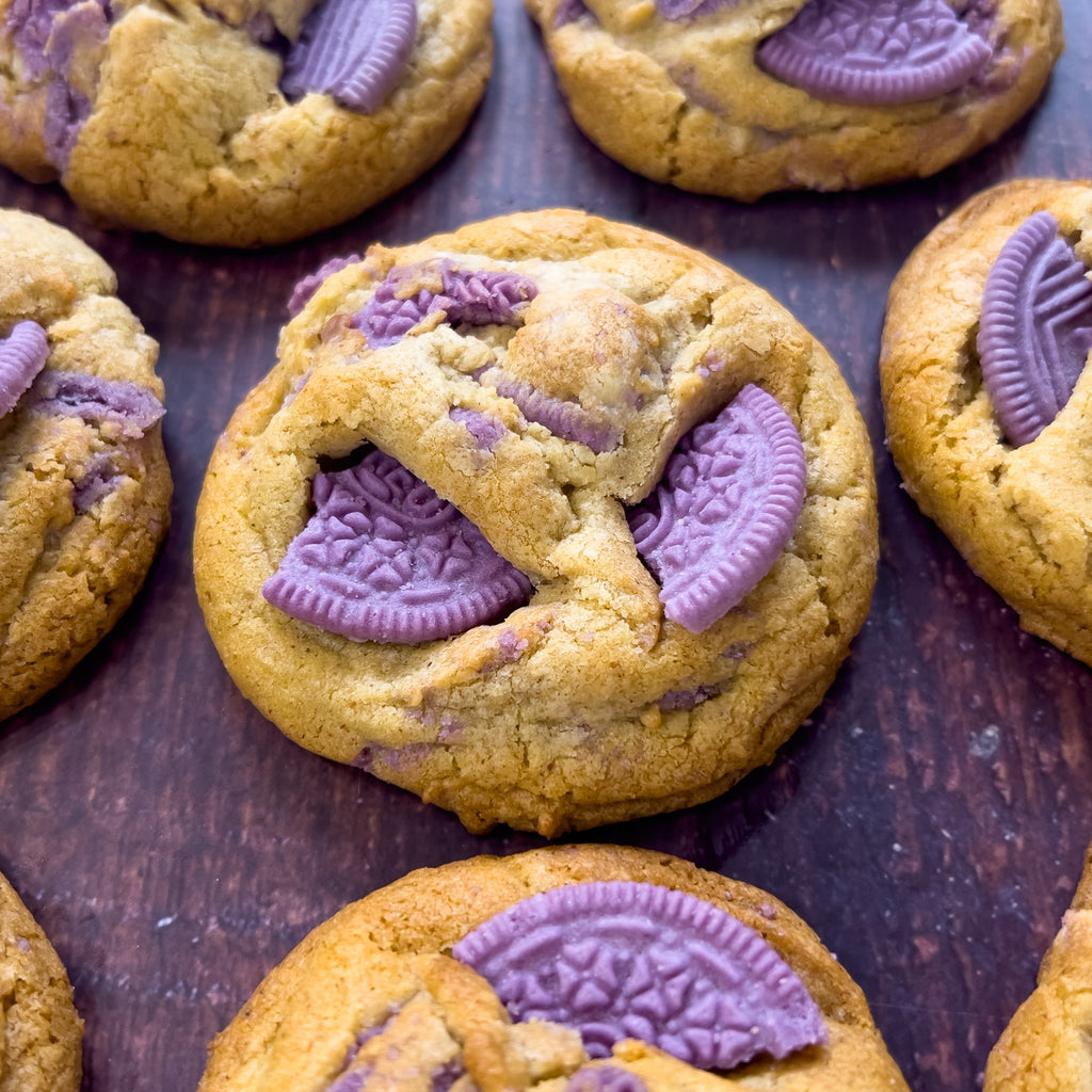 BTS Cookies stacked, purple K-Pop Oreo pieces baked through